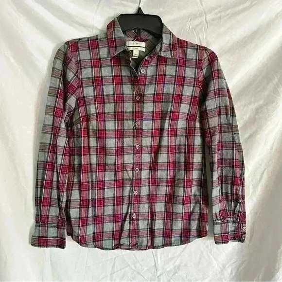 J Crew Red & Gray Plaid Long Sleeve Button Down Boy Fit Flannel Shirt Size 0P - Picture 1 of 3